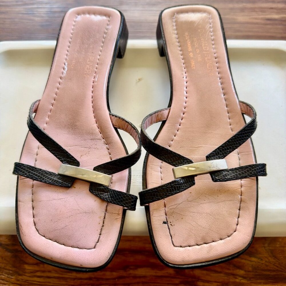 Donald J Pliner Black Leather Kitten Heel Sandals Square Toe Slide Sz 6.5